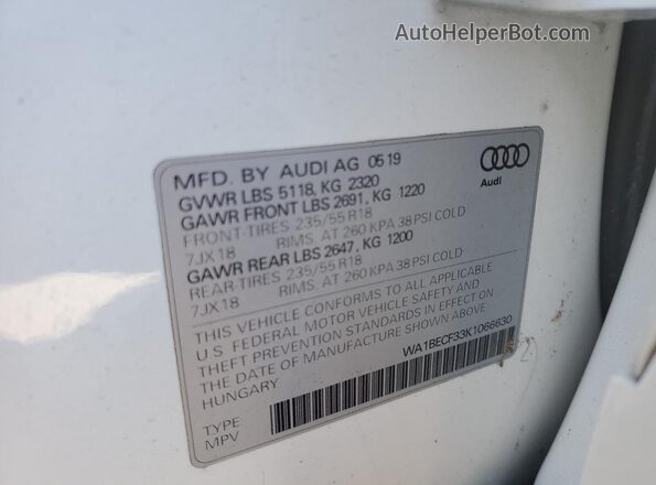 WA1BECF33K1066630 2019 AUDI Q3 White Սալոնի 360 աստիճան տեսք