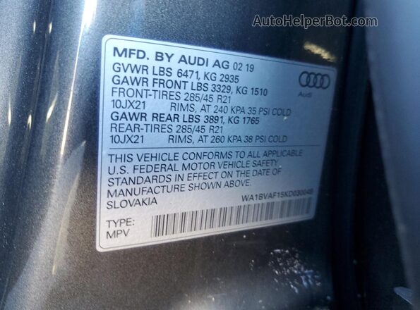 WA1BVAF15KD030049 2019 AUDI Q8 Серый Вид наклейки с VIN-кодом