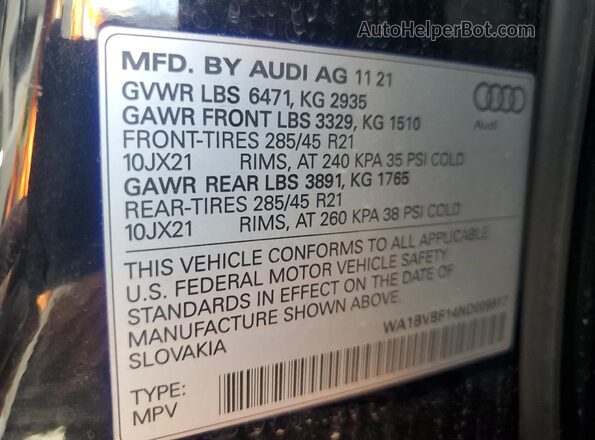 WA1BVBF14ND009817 2022 AUDI Q8 Черный Вид наклейки с VIN-кодом
