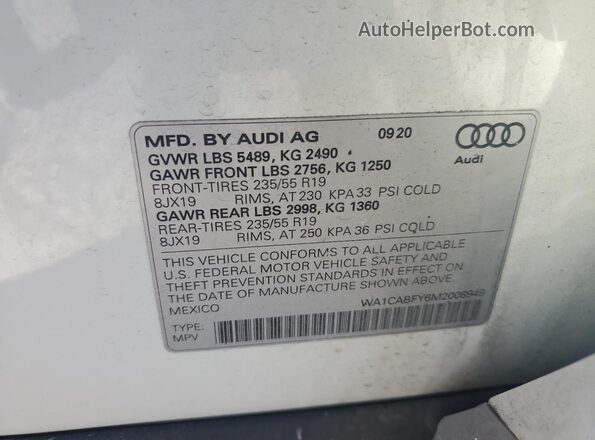 WA1CABFY6M2008949 2021 AUDI Q5 White VIN კოდის სტიკერის ხედი