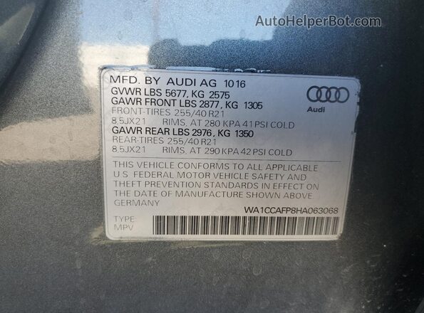 WA1CCAFP8HA063068 2017 AUDI SQ5 Gray VIN կոդի պիտակի տեսք