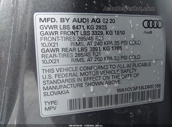 WA1CVAF13LD020156 2020 AUDI Q8 Gray Engine compartment view