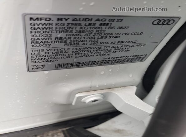 WA1CWBF15PD022810 2023 AUDI SQ8 White Vista de la etiqueta del VIN