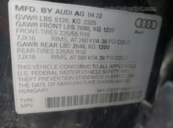 WA1DECF31N1123971 2022 AUDI Q3 Black Widok naklejki z numerem VIN