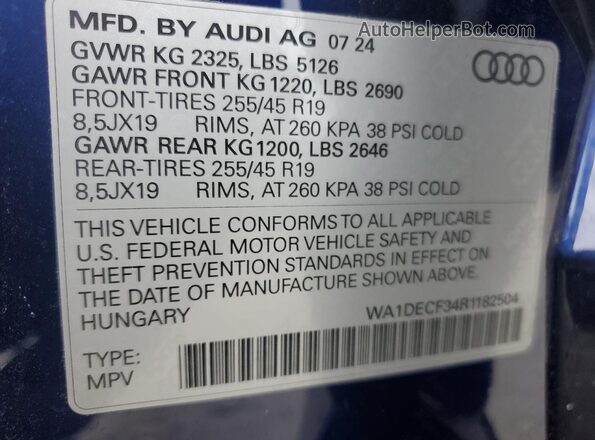 WA1DECF34R1182504 2024 AUDI Q3 Blue VIN sticker view