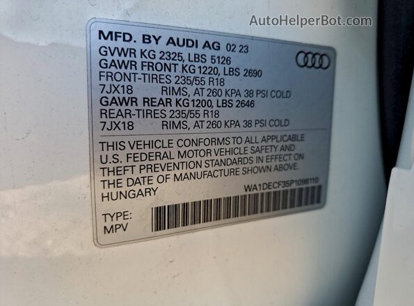WA1DECF35P1098110 2023 AUDI Q3 White VIN կոդի պիտակի տեսք