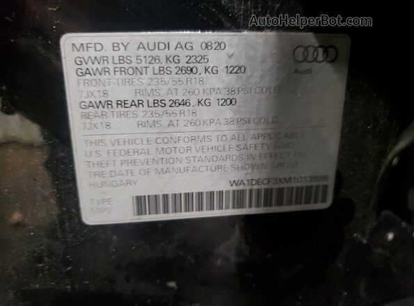 WA1DECF3XM1013998 2021 AUDI Q3 Black Вид наклейки з VIN-кодом
