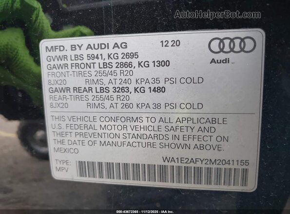 WA1E2AFY2M2041155 2021 AUDI Q5 Black Vista del compartimento del motor