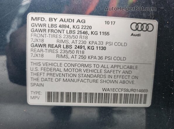 WA1ECCFS9JR014669 2018 AUDI Q3 Синий Панорамный вид салона 360°