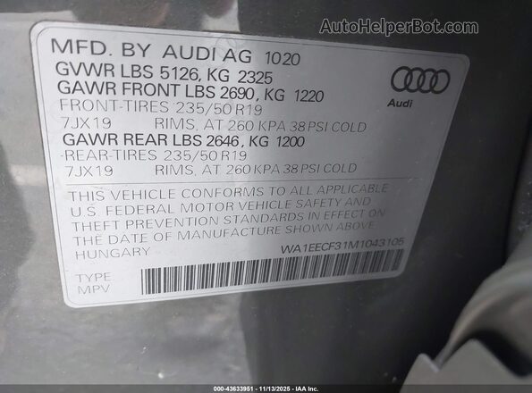 WA1EECF31M1043105 2021 AUDI Q3 Gray Вид підкапотного простору