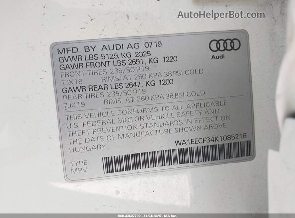 WA1EECF34K1085216 2019 AUDI Q3 White Շարժիչի բաժամունքի տեսք