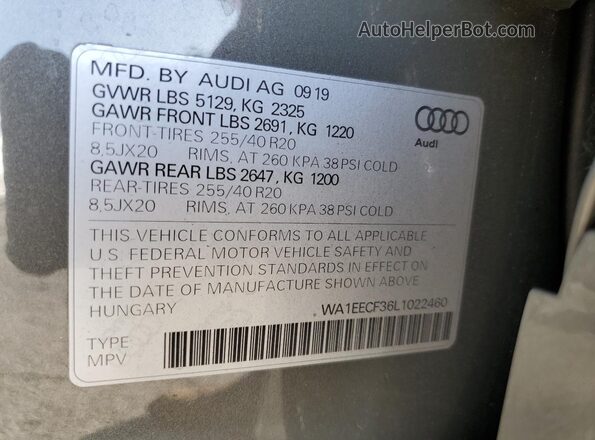 WA1EECF36L1022460 2020 AUDI Q3 Gray სალონის 360-გრადუსიანი ხედი