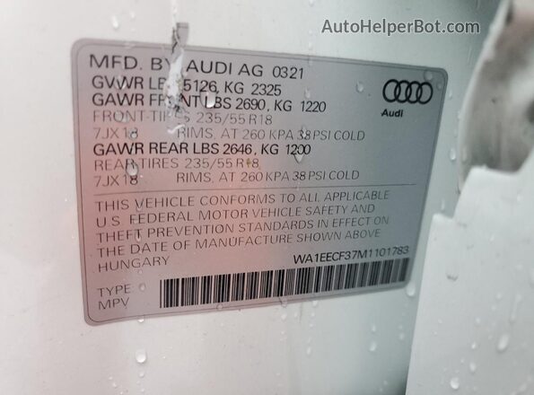 WA1EECF37M1101783 2021 AUDI Q3 White Вид наклейки з VIN-кодом
