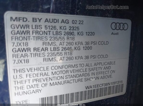 WA1EECF38N1091315 2022 AUDI Q3 Blue Շարժիչի բաժամունքի տեսք