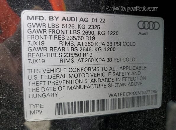 WA1EECF3XN1077285 2022 AUDI Q3 Black Вид наклейки з VIN-кодом