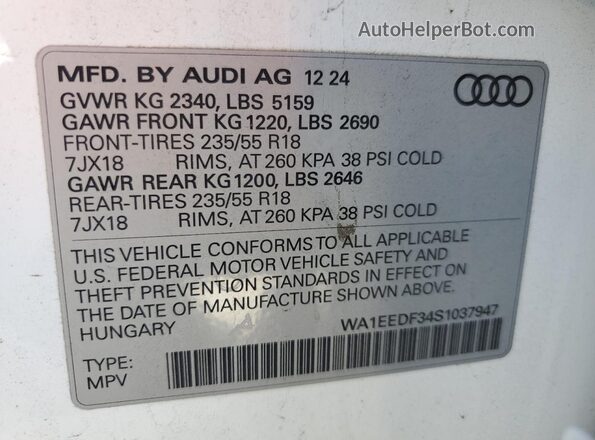 WA1EEDF34S1037947 2025 AUDI Q3 White Вид наклейки з VIN-кодом