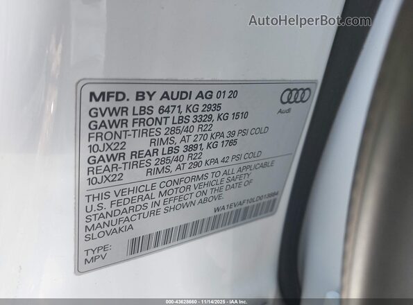 WA1EVAF10LD013884 2020 AUDI Q8 White Engine compartment view
