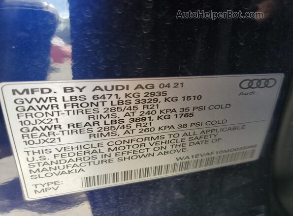 WA1EVAF10MD035966 2021 AUDI Q8 Синий Вид наклейки с VIN-кодом