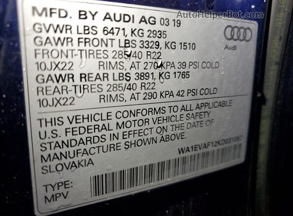 WA1EVAF12KD031057 2019 AUDI Q8 Blue Вид наклейки з VIN-кодом