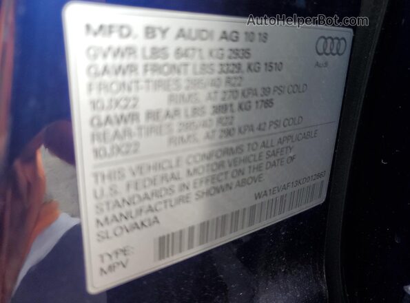 WA1EVAF13KD012663 2019 AUDI Q8 Blue VIN sticker view