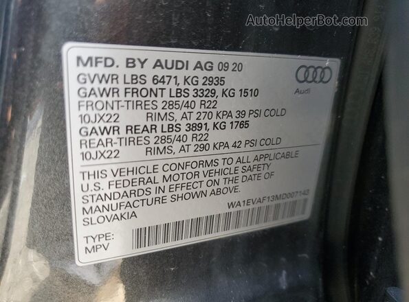 WA1EVAF13MD007143 2021 AUDI Q8 Gray VIN sticker view