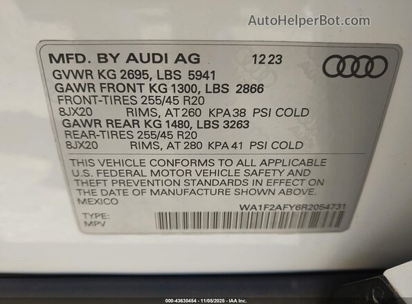 WA1F2AFY6R2054731 2024 AUDI Q5 White Vista del compartimento del motor