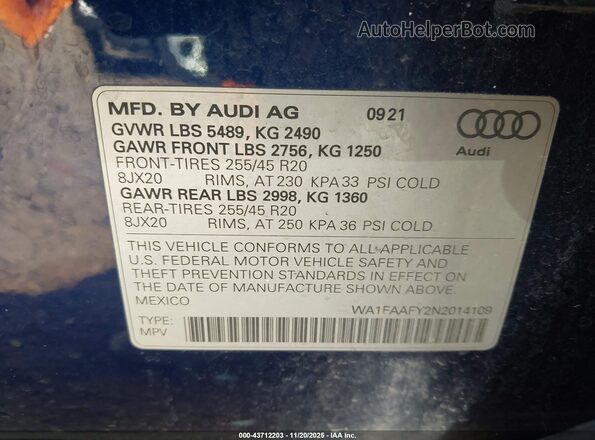 WA1FAAFY2N2014109 2022 AUDI Q5 Синий Вид подкапотного пространства