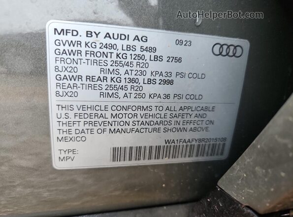 WA1FAAFY8R2015108 2024 AUDI Q5 Зеленый Вид наклейки с VIN-кодом