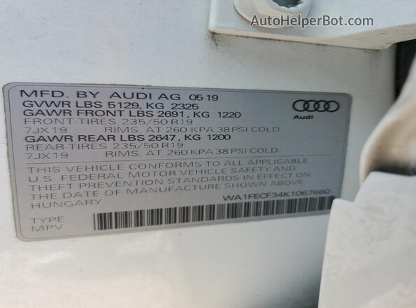 WA1FECF34K1067660 2019 AUDI Q3 White Vista de la etiqueta del VIN