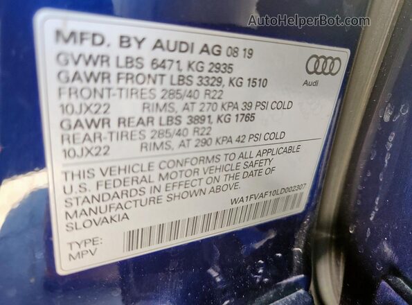 WA1FVAF10LD002307 2020 AUDI Q8 Blue VIN sticker view