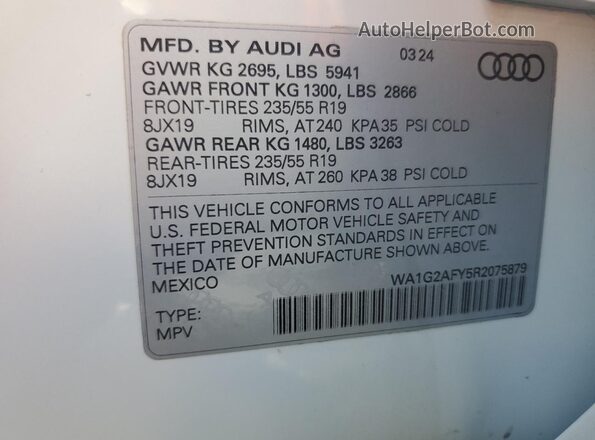 WA1G2AFY5R2075879 2024 AUDI Q5 White VIN კოდის სტიკერის ხედი