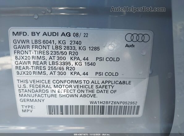 WA1H2BFZ6NP052952 2022 AUDI Q4 Gray Vista del compartimento del motor