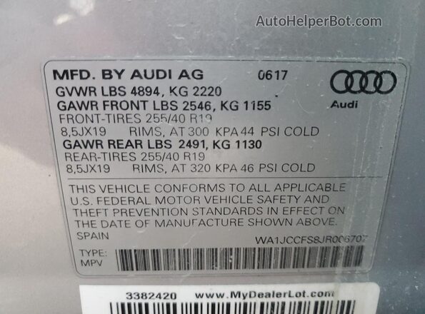 WA1JCCFS8JR006707 2018 AUDI Q3 Silver Vista de la etiqueta del VIN