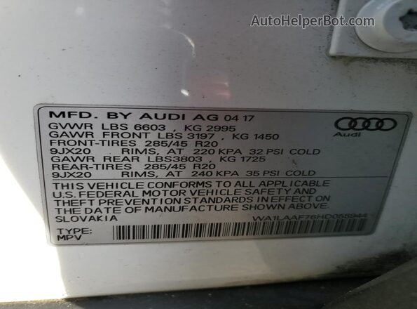 WA1LAAF76HD055944 2017 AUDI Q7 White VIN կոդի պիտակի տեսք
