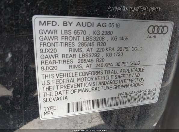 WA1LAAF7XHD018833 2017 AUDI Q7 Black Շարժիչի բաժամունքի տեսք