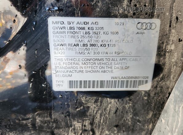 WA1LAAGE6NB011026 2022 AUDI E-TRON Black Vista de la etiqueta del VIN