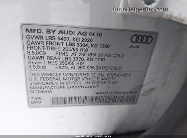 WA1LHAF70JD042012 2018 AUDI Q7 Белый 