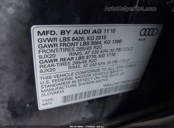 WA1LHAF78KD019014 2019 AUDI Q7 Black Vista del compartimento del motor