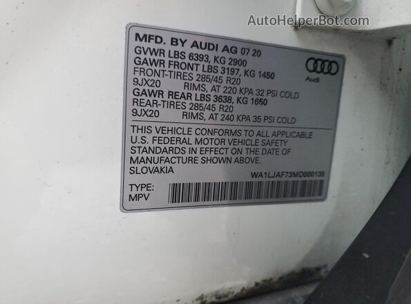 WA1LJAF73MD000135 2021 AUDI Q7 White Vista de la etiqueta del VIN