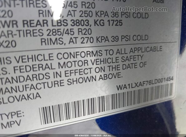 WA1LXAF76LD001454 2020 AUDI Q7 Blue Вид підкапотного простору