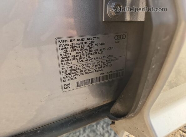 WA1LXAF77MD000833 2021 AUDI Q7 Silver VIN կոդի պիտակի տեսք