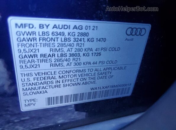 WA1LXAF78MD030018 2021 AUDI Q7 Blue VIN կոդի պիտակի տեսք