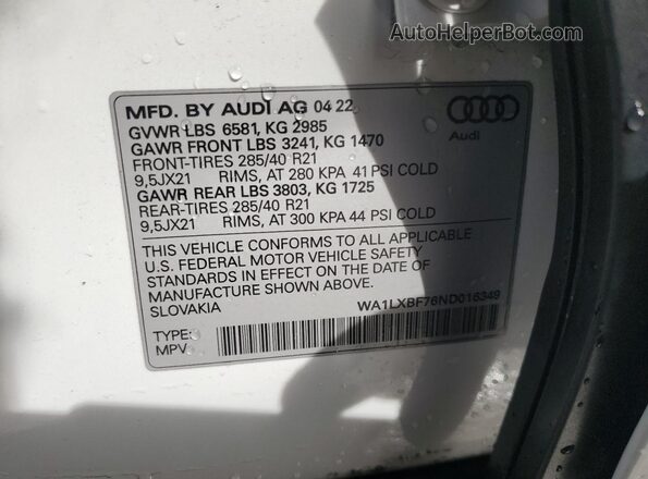 WA1LXBF76ND016349 2022 AUDI Q7 White Вид наклейки з VIN-кодом