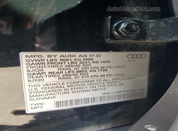 WA1LXBF76ND021096 2022 AUDI Q7 Black VIN კოდის სტიკერის ხედი