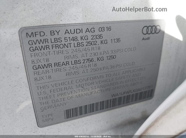 WA1UFAFLXGA017751 2016 AUDI ALLROAD White Vista del compartimento del motor