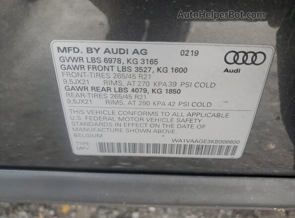 WA1VAAGE3KB006600 2019 AUDI E-TRON Серый Вид наклейки с VIN-кодом