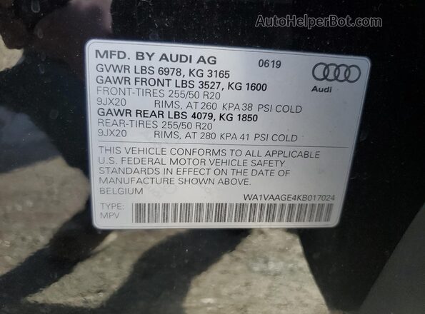 WA1VAAGE4KB017024 2019 AUDI E-TRON Black Vista de la etiqueta del VIN