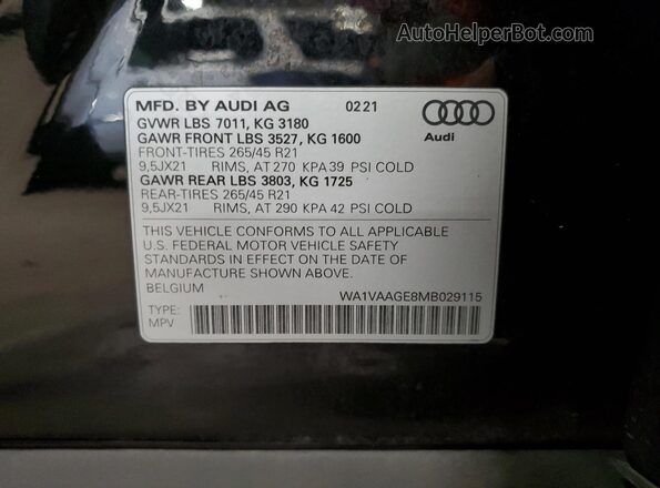 WA1VAAGE8MB029115 2021 AUDI E-TRON Black Widok naklejki z numerem VIN