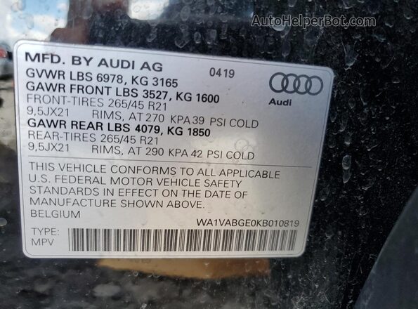 WA1VABGE0KB010819 2019 AUDI E-TRON Black Engine compartment view