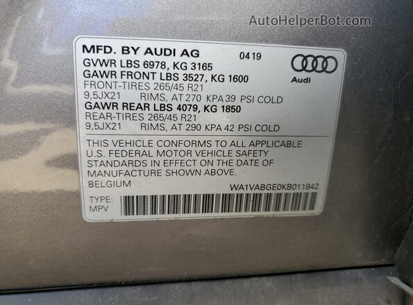 WA1VABGE0KB011842 2019 AUDI E-TRON Gray Widok komory silnika